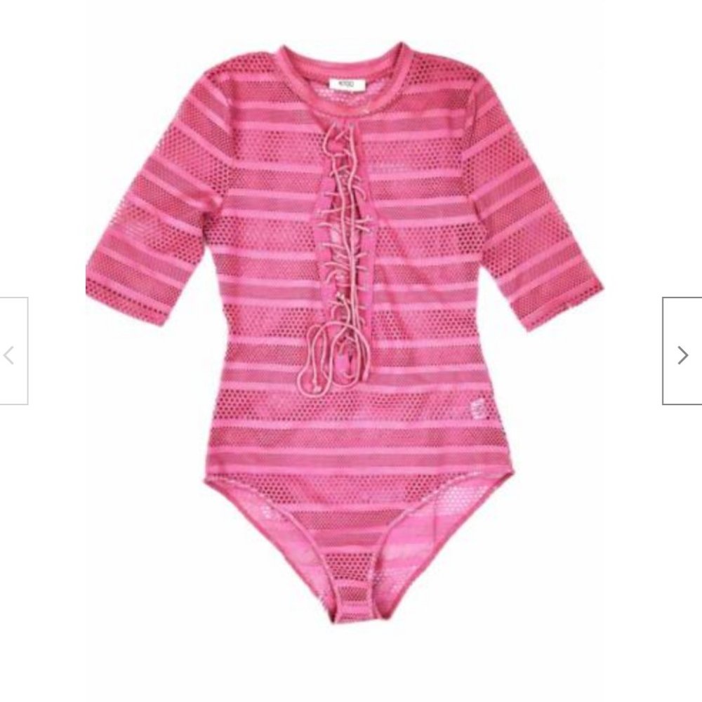 KTOO Eyelet Mesh Bodysuit Lace Up Mauve Pink M